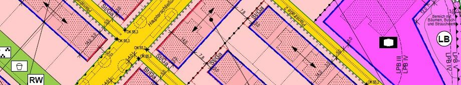 zeichnerische Festsetzungen für eine konkrete Fläche der Stadt Wesseling (farbige Flächen, Linien und Symbole)