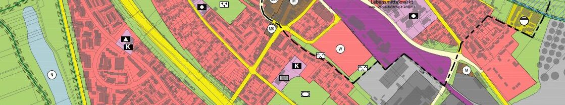 zentraler Bereich der Stadt Wesseling mit farbigen Flächendarstellungen für die jeweilige Nutzung