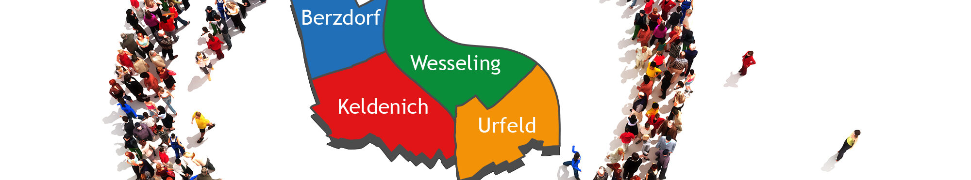 Menschen formen eine Lupe, darin eine Grafik von Wesselings 4 Stadtteilen