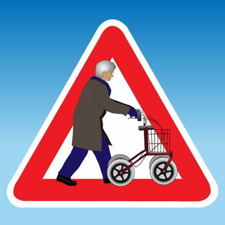 Grafik: Vorfahrtschild, in der Mitte eine Rentnerin mit Rollator