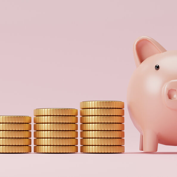 Increase coins stacking with pink piggy bank for web banner desi